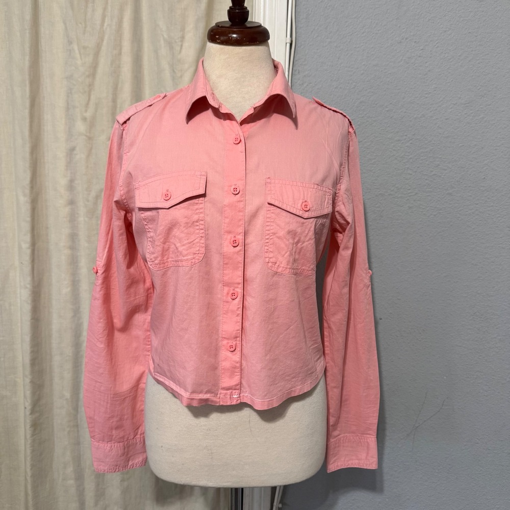 Magellan Outdoors Womens Medium‎ Pink Cotton Cropped Utility Button Down Shirt